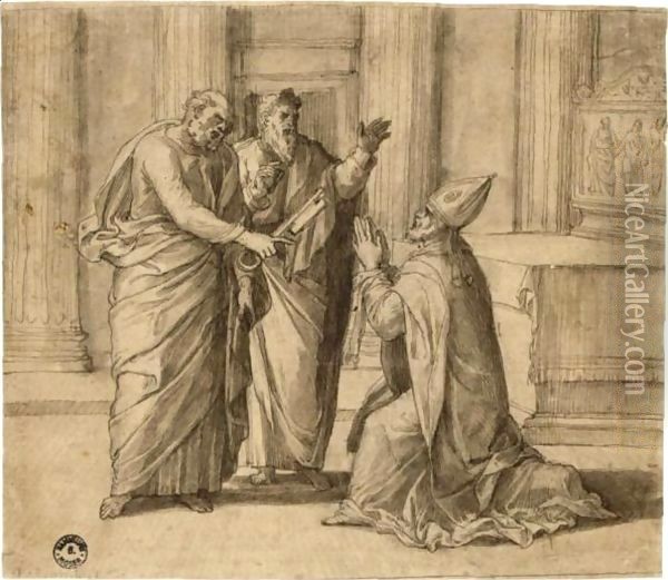 St Peter, Dressed As The First Bishop Of Rome, Receives The Keys Of The Kingdom Of Heaven From Christ, Another Apostle Looking On Oil Painting - Lambert Lombard