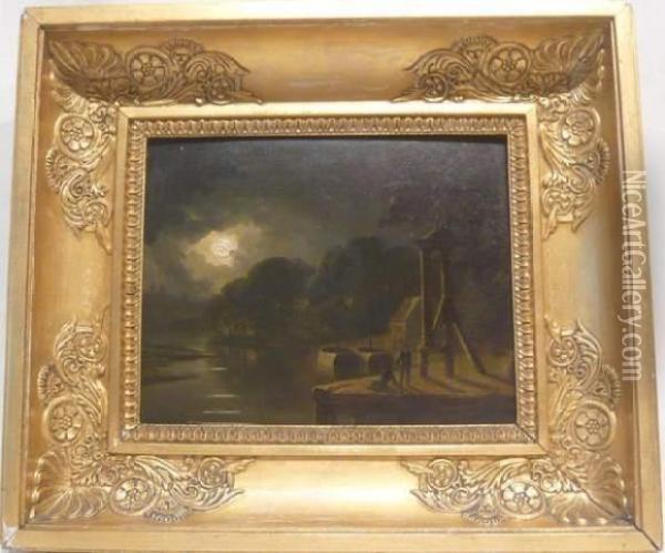 Personnages Au Debarcadere Au Clair De Lune Oil Painting - James Arthur O'Connor