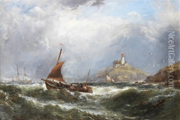 Oyster Boats Off Mumbles Light House Oil Painting - Edwin Hayes