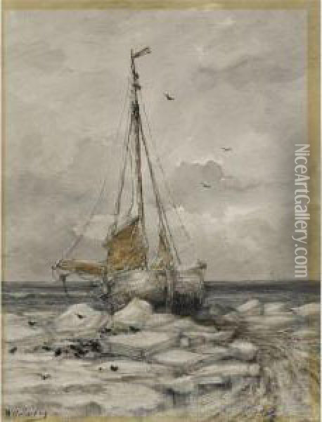 A Sailing Vessel On Ice Flows Oil Painting - Hendrik Willem Mesdag