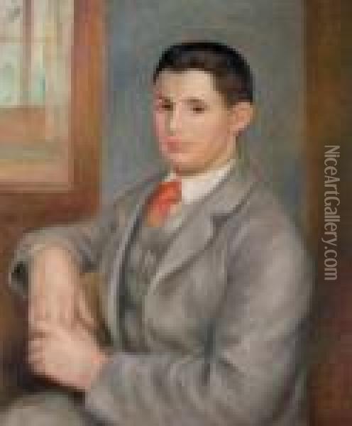 Jeune Homme A La Cravate Rouge, Portrait D'eugene Renoir Oil Painting - Pierre Auguste Renoir