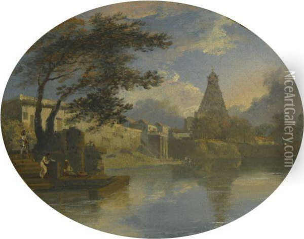 View Of Thanjavur, India, With The Brihadeeswarar Temple Oil Painting - Charles Baronet D'Oyly