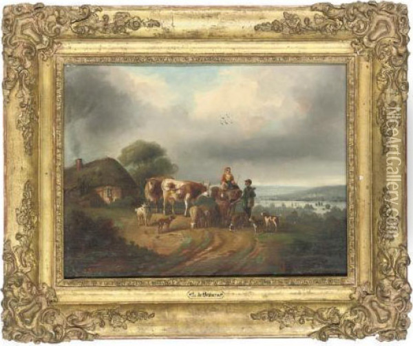 Figures Conversing Before A Cottage In An Extensive Landscape Oil Painting - Jean Louis (Marnette) De Marne