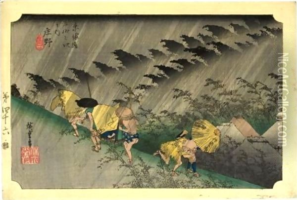 Rain Oil Painting - Utagawa or Ando Hiroshige