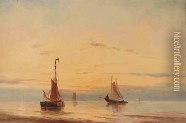 Sailing Vessels Moored At Sunset Oil Painting - Willem Jun Gruyter