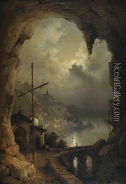 Vue D'amalfi Depuis La Grotte Du Couvent Des Capucins Oil Painting - Gioacchino La Pira