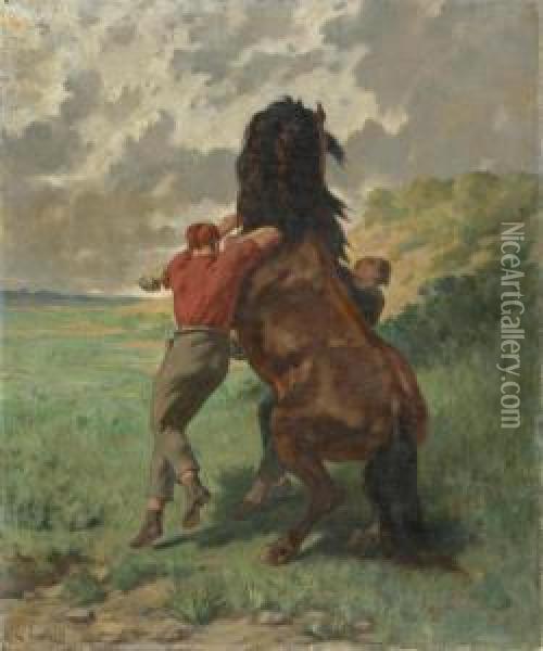 Zwei Pferdzahmende Manner Oil Painting - Evariste Luminais
