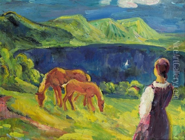 Landschaft Mit Weidenden Pferden Oil Painting - Sepp Orgler