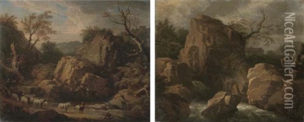 A Rocky Landscape With A Shepherd And His Flock By A Stream (+ A Rocky River Landscape With A Cottage In The Distance; Pair) Oil Painting - Marco Ricci