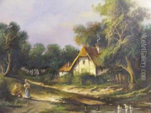 Figures By Cottages Oil Painting - Jan Hendrick van Grootvelt