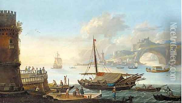 A capriccio of a Mediterranean harbour with stevedores on a quay by a galley Oil Painting - (circle of) Wittel, Gaspar van (Vanvitelli)
