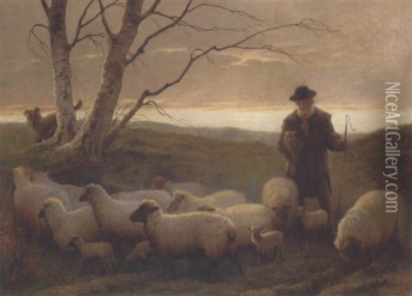 A Shepherd And His Flock, Early Spring Oil Painting - Edwin Douglas