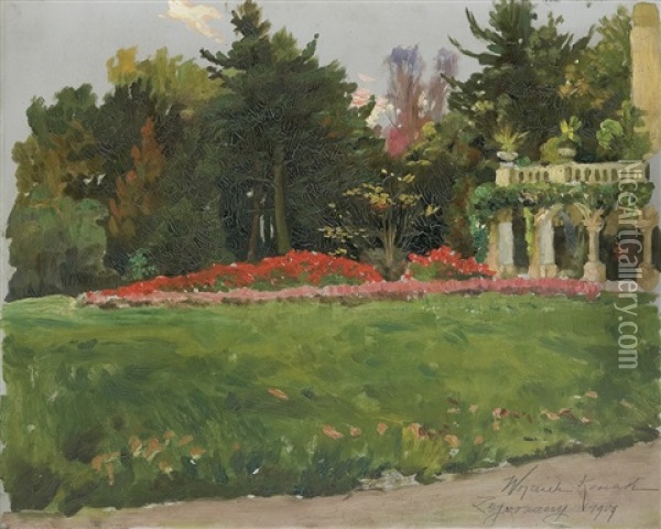 Garden In Front Of The Palace In Zagorzany Oil Painting - Woiciech (Aldabert) Ritter von Kossak