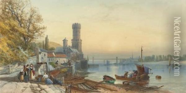 Figures On The Banks Of The Rhine At Cologne Oil Painting - James Burrell-Smith