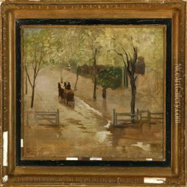 Horse Carriage With Hay In The Rain Oil Painting - Edvard Frederik Petersen