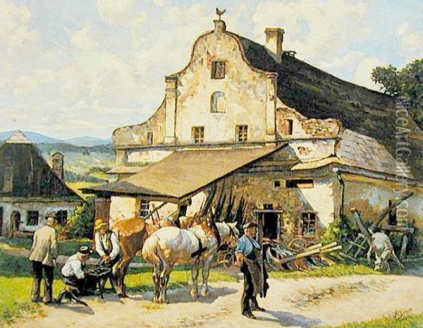 Kucie Koni Przed Starymi Kuzniami Oil Painting - Alfred Beyer