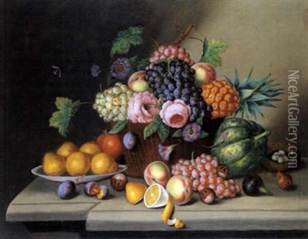 Fruchtestilleben In Korb Auf Steinplatte Oil Painting - Johann Seitz