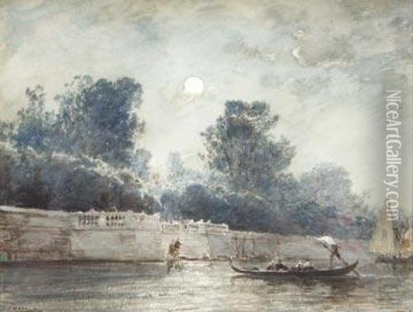 Crossing The Canal By Moonlight. Oil Painting - Felix Ziem