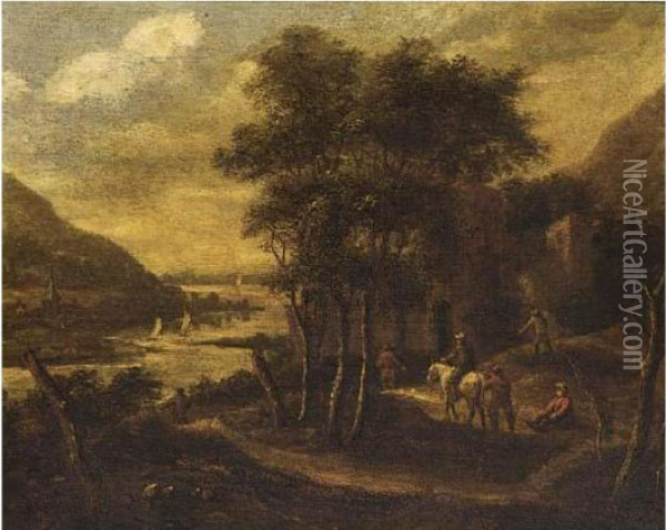 Figures In A Mountainous River Landscape Nearby A Ruin Oil Painting - Johan Lagoor