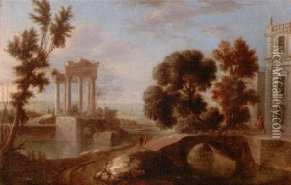 The Grounds Of A Palace With Elegant Figures Promenading, A Flock Of Sheep Being Driven Over A Bridge, Ruins Beyond Oil Painting - Charles-Leopold Grevenbroeck