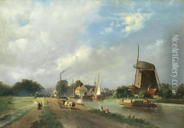 Dutch Canal Scene Oil Painting - Adrianus Jacobus Vrolyk