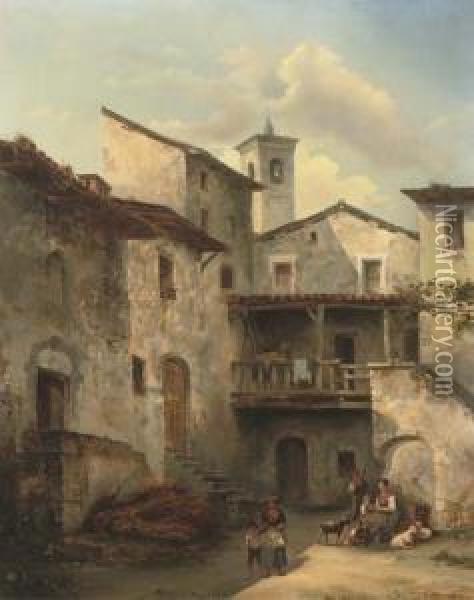 A Courtyard In An Italian Village Oil Painting - Felice A. Rezia