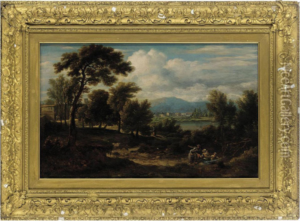 A Wooded River Landscape With Travellers On A Track Oil Painting - Thomas Baker Of Leamington