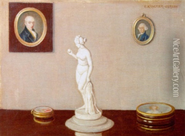 A Still Life With A Marble Sculpture Of A Classical Beauty And Miniatures Oil Painting - Elisabeth Kraemer-Obreen