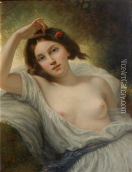 Jeune Femme Assise A La Rose Et Au Buste Denude Oil Painting - Pierre Joseph Dedreux-Dorcy