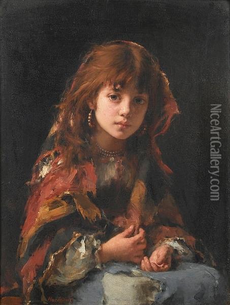 Portrait Of A Young Girl In A Shawl Oil Painting - Alexei Alexeivich Harlamoff