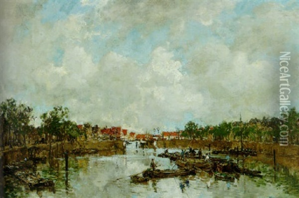 Canal With Barges Oil Painting - Johan Hendrik van Mastenbroek