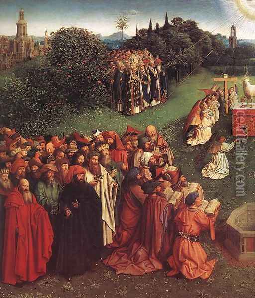 The Ghent Altarpiece- Adoration of the Lamb (detail 2) 1425-29 Oil Painting - Jan Van Eyck