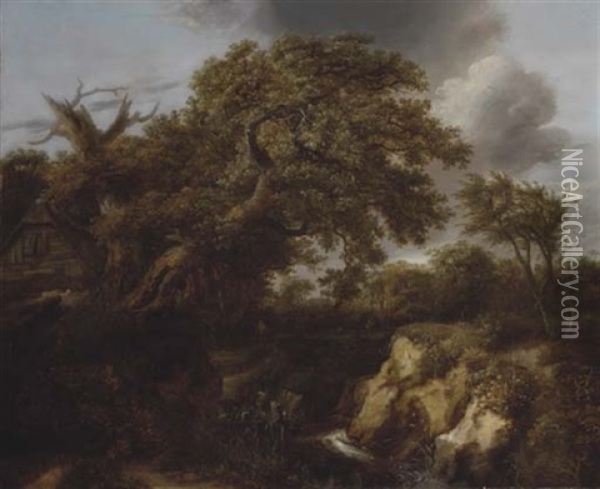A Wooded River Landscape With Travellers On A Track By A Cottage Oil Painting - Cornelis Gerritsz Decker