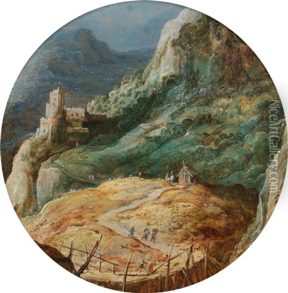 A Mountainous Landscape With Travellers By A Cottage And An Elevated Castle Oil Painting - Joos de Momper the Younger