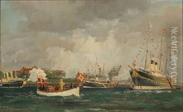 Scene From Copenhagen Harbour With Among Others The Russian Imperial Yacht Standard Oil Painting - Christian Benjamin Olsen