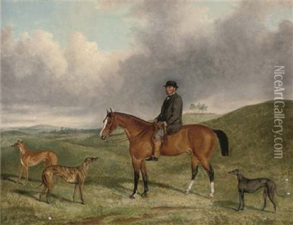 Portrait Of Henry Beale Esq., On A Hunter, With His Greyhounds, Including "sampler" And "sapphire", In An Extensive Landscape Oil Painting - George Henry Laporte