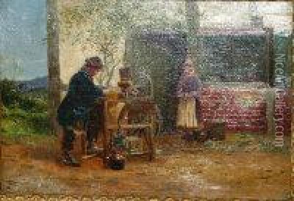Active - 19th Century Oil On 
Canvas Jenre Scene Depicting Trademan At His Wheel Figure In Background 
Signed Lower Right 24cm X 35cm Oil Painting - Alfred Banner