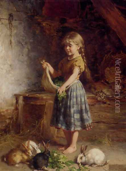 Feeding The Rabbits Oil Painting - Heinrich Hirt
