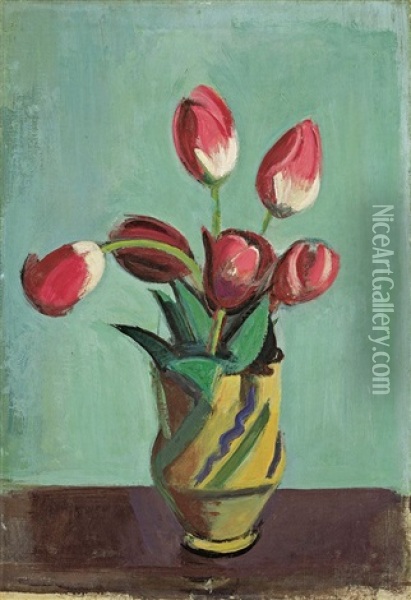 Rote Tulpen In Keramikkrug Oil Painting - Rudolf Levy