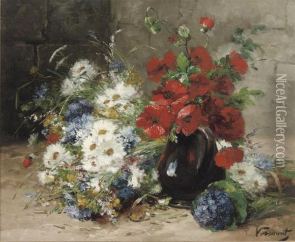 A Summer-bouquet With Poppies And Daisies Oil Painting - Eugene Henri Cauchois