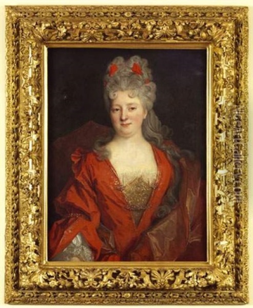 Portrait D'une Femme De Qualite En Robe Rouge Sur Fonds De Paysage Oil Painting - Nicolas de Largilliere