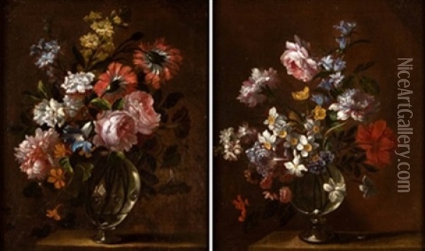 Jarrones De Cristal Con Flores (pair) Oil Painting - Jean-Baptiste Monnoyer