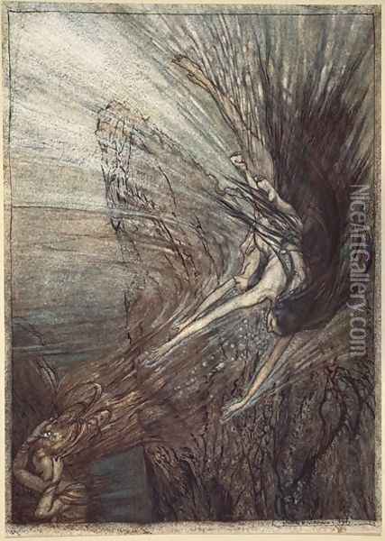 The frolic of the Rhinemaidens, illustration from The Rhinegold and the Valkyrie, 1910 Oil Painting - Arthur Rackham