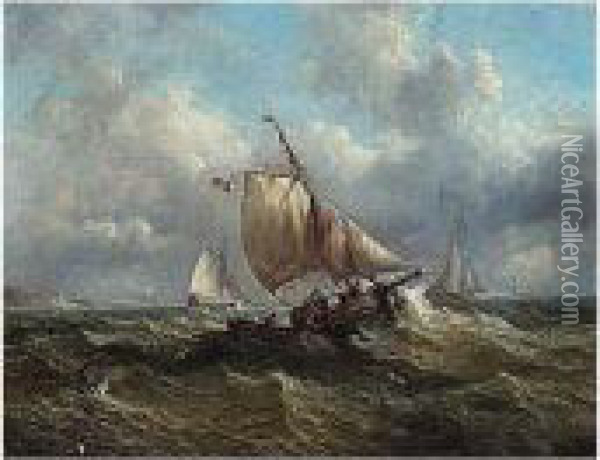 French Shipping In A Swell Oil Painting - Joseph Moore