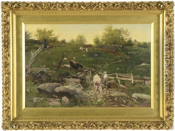 Untitled (rocky Pasture With Cattle And Rancher) Oil Painting - Charles Arthur Fries