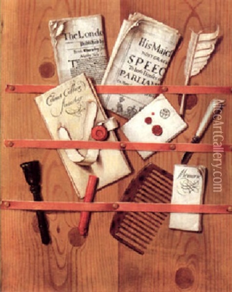 Trompe L'oeil Still Life Of A Letter Rack Holding Newspapes, Letters, A Comb, A Knife, A Quill, Wax And A Seal Oil Painting - Edward Collier