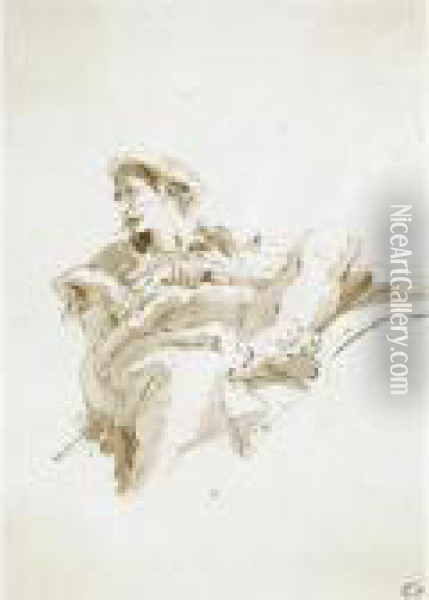 A Seated Oriental Figure, Seen From Below Oil Painting - Giovanni Battista Tiepolo