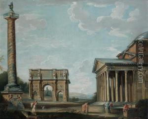 La Colonne Trajane, L'arc De Constantin Et Le Pantheon Dans Un Caprice Architectural Oil Painting - Francesco Panini