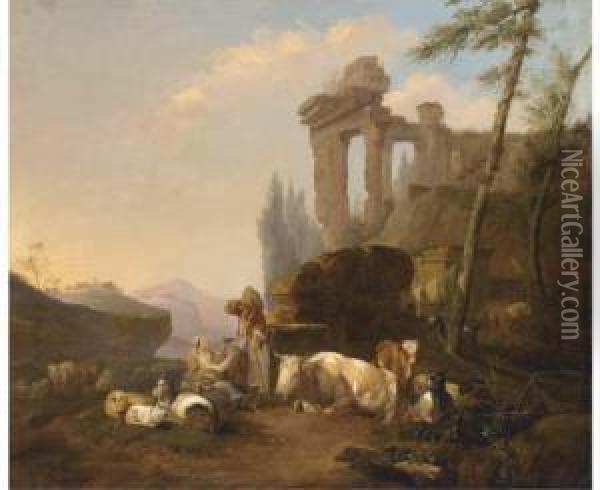A Classical Landscape With A 
Herdsman And His Family Resting By Afountain With Their Cattle And Goats Oil Painting - Hendrick Mommers