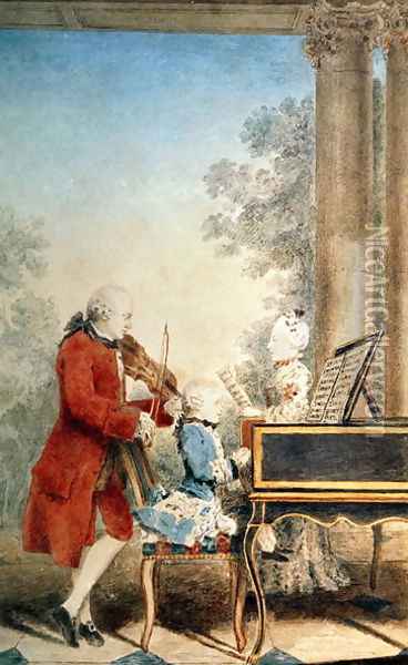 Leopold Mozart (1719-87) and his two children, Wolfgang Amadeus (1756-91) and Maria-Anna, known as 'Nannerl' (1751-1829) Oil Painting - Louis Carrogis Carmontelle
